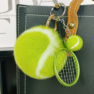 真獭兔毛皮草小网球书包包挂饰球拍汽车钥匙扣挂件毛绒球玩偶礼物