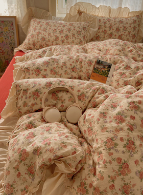 法式复古红色碎花花边款双层纱被套四件套床笠被罩宿舍床单三件套