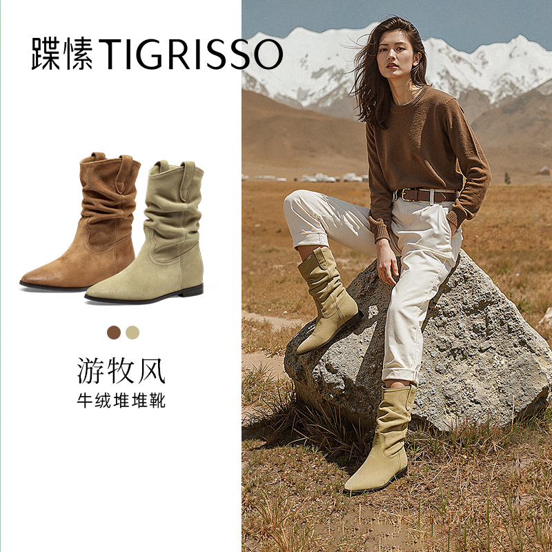 蹀愫2025年秋冬新款增高3.8游牧风堆堆靴西部牛仔靴TA65872-50