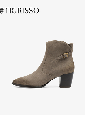 蹀愫2025年秋冬新款棕色增高6.5牛仔靴牛皮时装短靴TA65725-11