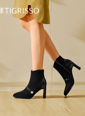 蹀愫25冬新复古增高8CM玛丽珍靴钻扣时装靴瘦瘦短靴TA65724-11