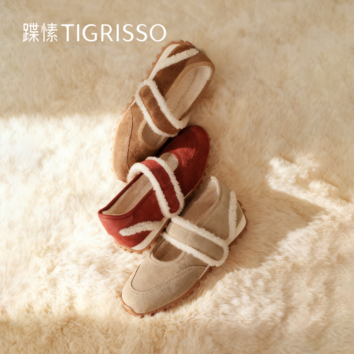 蹀愫25年冬季新款加绒红色毛毛玛丽珍豆豆底保暖女棉鞋T76188Y-01