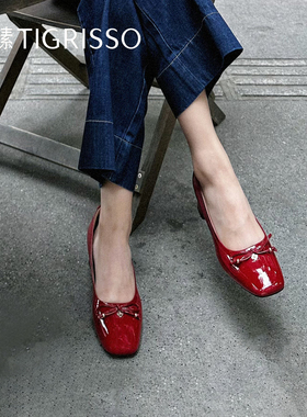 张艺凡同款小豆蔻蹀愫红鞋25秋季中跟单鞋蝴蝶结女鞋TA65111-13