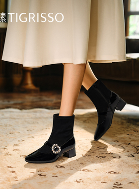 蹀愫2025年秋季新款钻扣玛丽珍短靴羊绒时装靴方头短靴TA65712-12