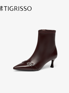 蹀愫25冬季新款尖头羊皮双条带时装靴细跟增高6短靴TA65715-51