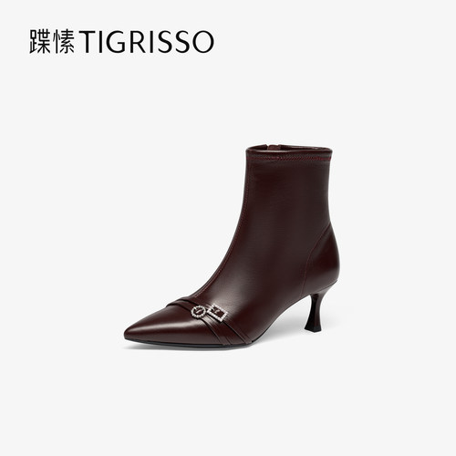 尖头羊皮双条带时装靴细跟短靴