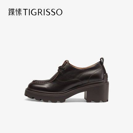 蹀愫2025年牛皮圆头系带乐福鞋厚底增高小皮鞋TA65131-53