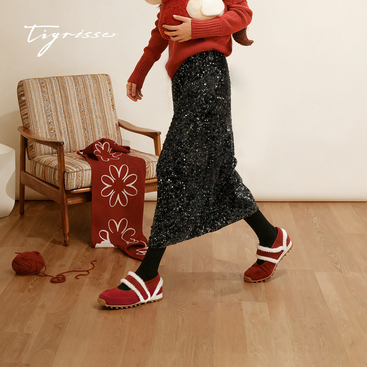 可丽饼蹀愫26春新加绒红色毛毛玛丽珍豆豆底保暖女棉鞋T76188Y-01,女鞋,玛丽珍鞋,淘宝优惠券,粉丝福利购,淘宝优惠卷