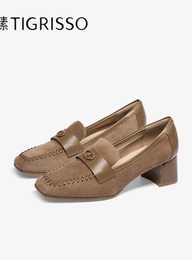 蹀愫2025年秋冬新款气质方头乐福鞋粗跟不累脚羊皮单鞋TA65104-13