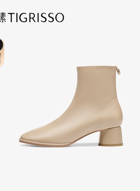 小奶皮蹀愫冬复古加绒增高粗跟柔软绵羊靴女鞋时装短靴TA43704-11