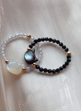 巴度极细黑猫戒指日系天然水晶石黑水晶个性珠串指环