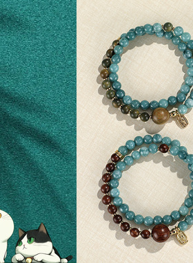 新中式蓝玉髓金丝檀木串珠男女双圈手链民族风大吉大利绿檀手串