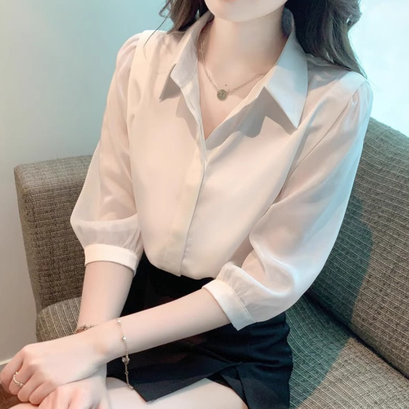 夏季白色女士雪纺衬衫职业女装2024新款中袖七分袖polo领上衣衬衣