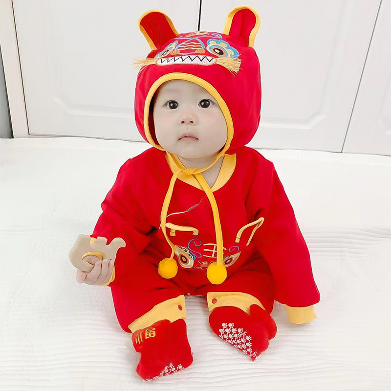 宝宝过年拜年衣服婴儿喜庆保暖哈衣夹棉冬开档连体衣秋冬新年服男