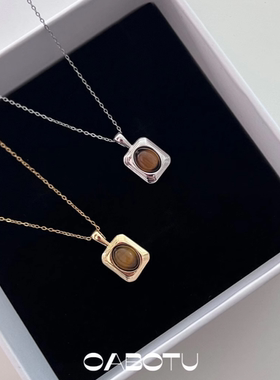 虎眼石吊坠项链 秋冬美拉德流光几何框小众高级感百搭通勤项链