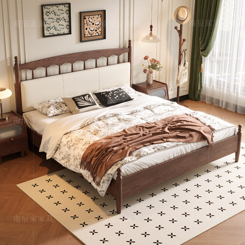 北美白蜡木实木床法式复古风床双人床软包床1米8主卧大床全原木床