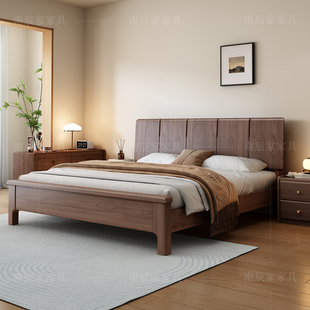 全实木床框架床1米8双人床落地床木板床排骨架床架黑胡桃木1米5床