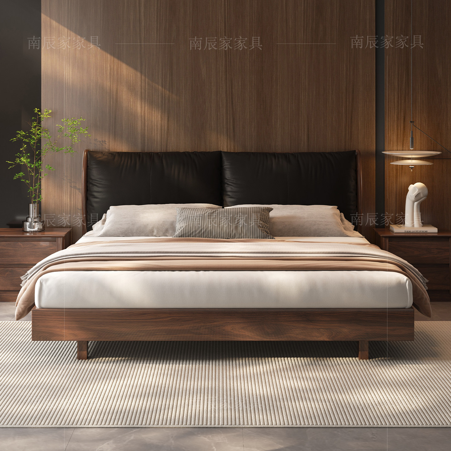 黑胡桃木实木真皮软包双人床家用1米8简约现代主卧室2025新款婚床