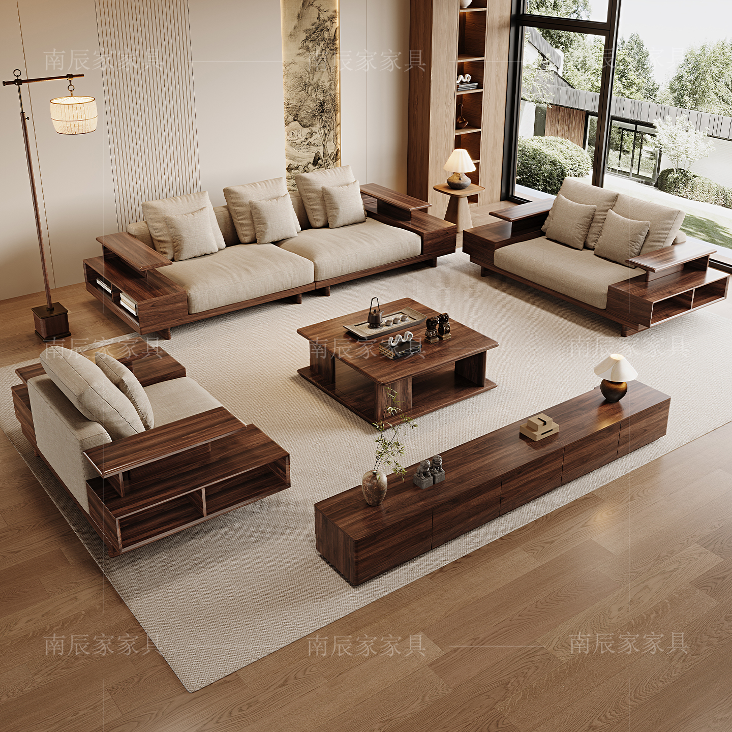 黑胡桃木实木布艺沙发客厅直排沙发小户型家用新中式家具意式轻奢