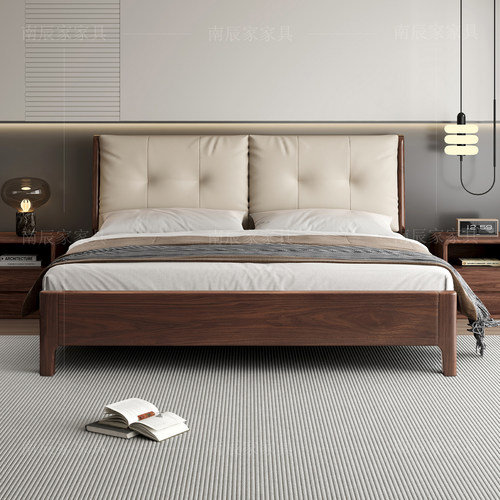 新中式床真皮软包床头黑胡桃木床家用1米8床主卧中古风复古实木床