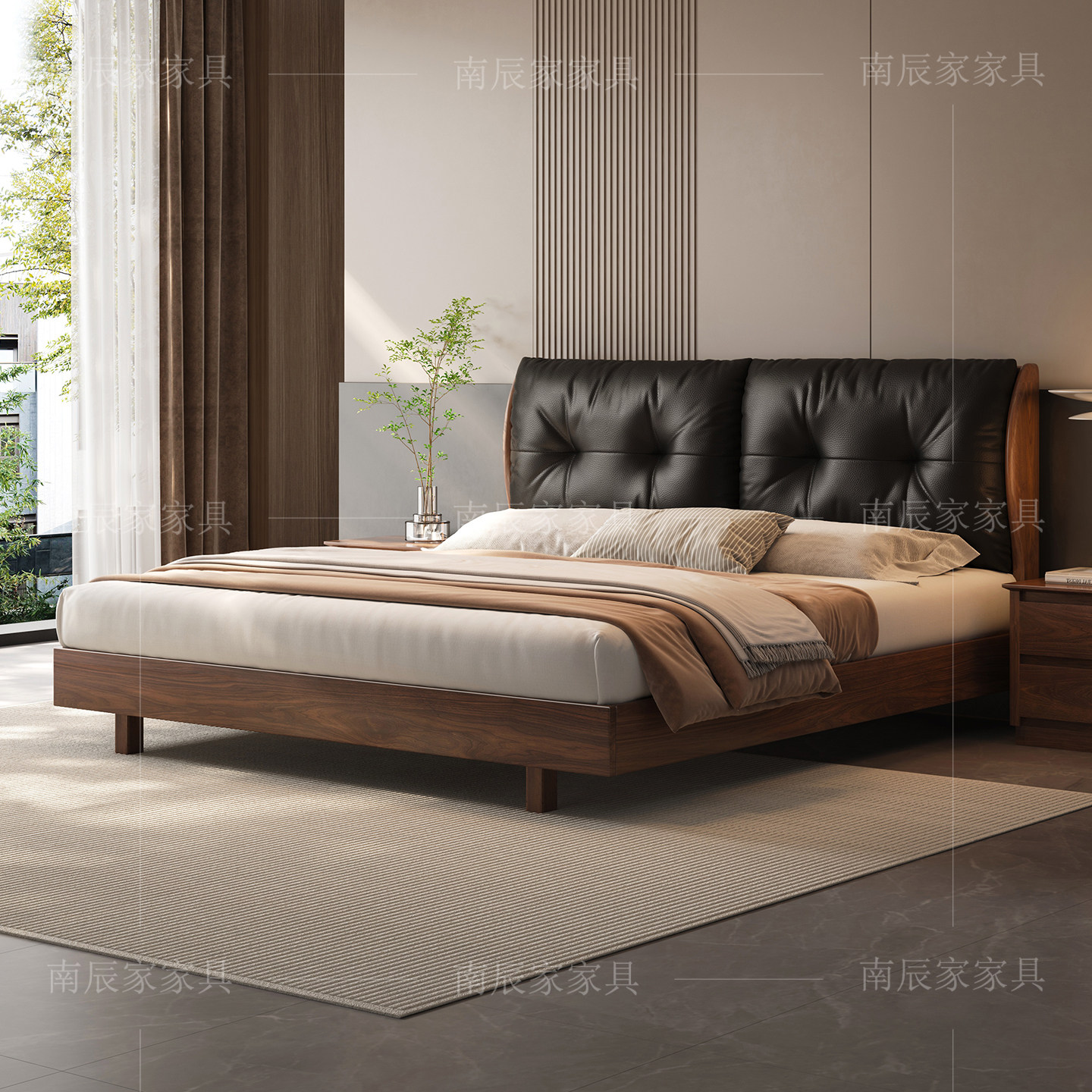 黑胡桃木实木真皮软包双人床家用1米8简约现代主卧室2025新款婚床