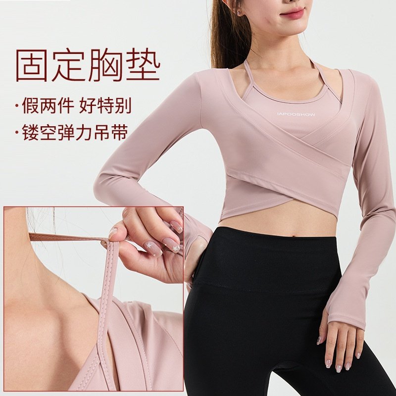 时尚印花假两件运动长袖带胸垫瑜珈服超短露脐上衣速干显瘦健身衣,运动服/休闲服装,运动POLO衫,淘宝优惠券,粉丝福利购,淘宝优惠卷