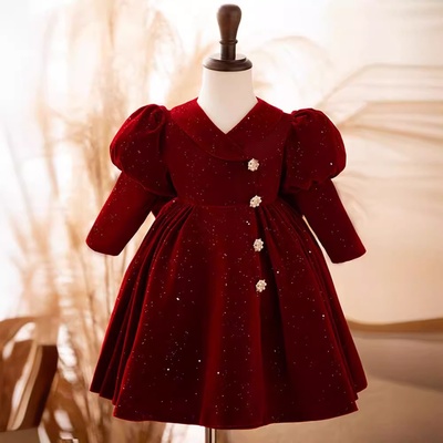 儿童一周岁宴女宝宝生日抓周礼服女童公主裙红色高端花童秋季长袖