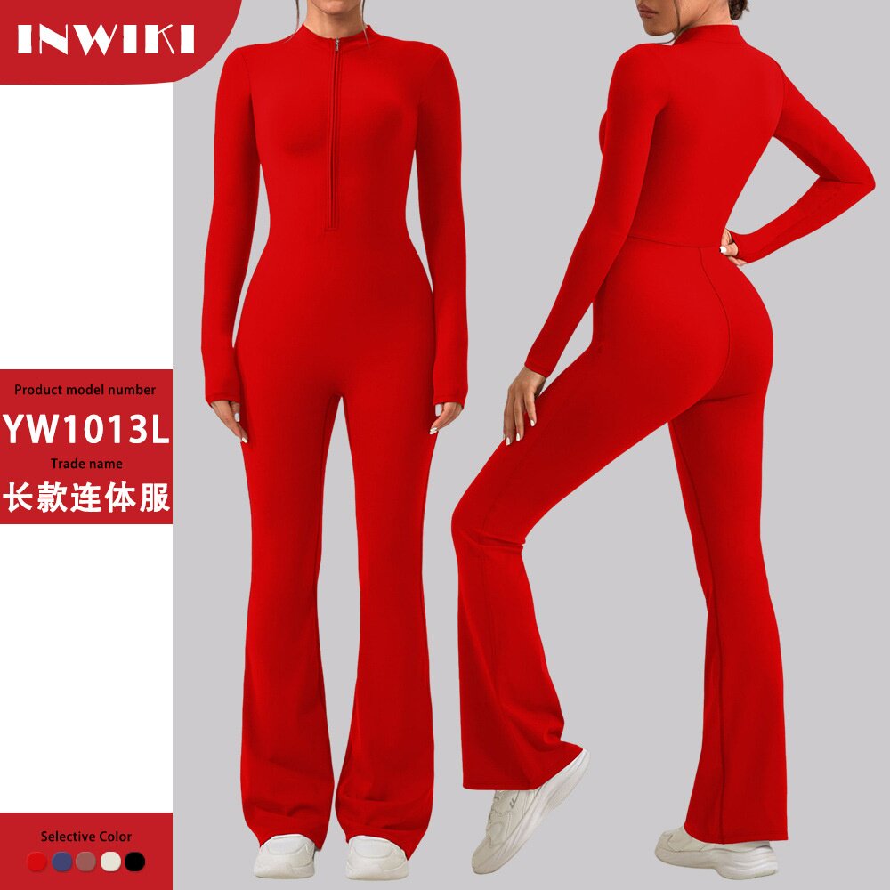 欧美流行拉链长袖长裤微喇连体服修身女提臀运动健身瑜伽服运动服