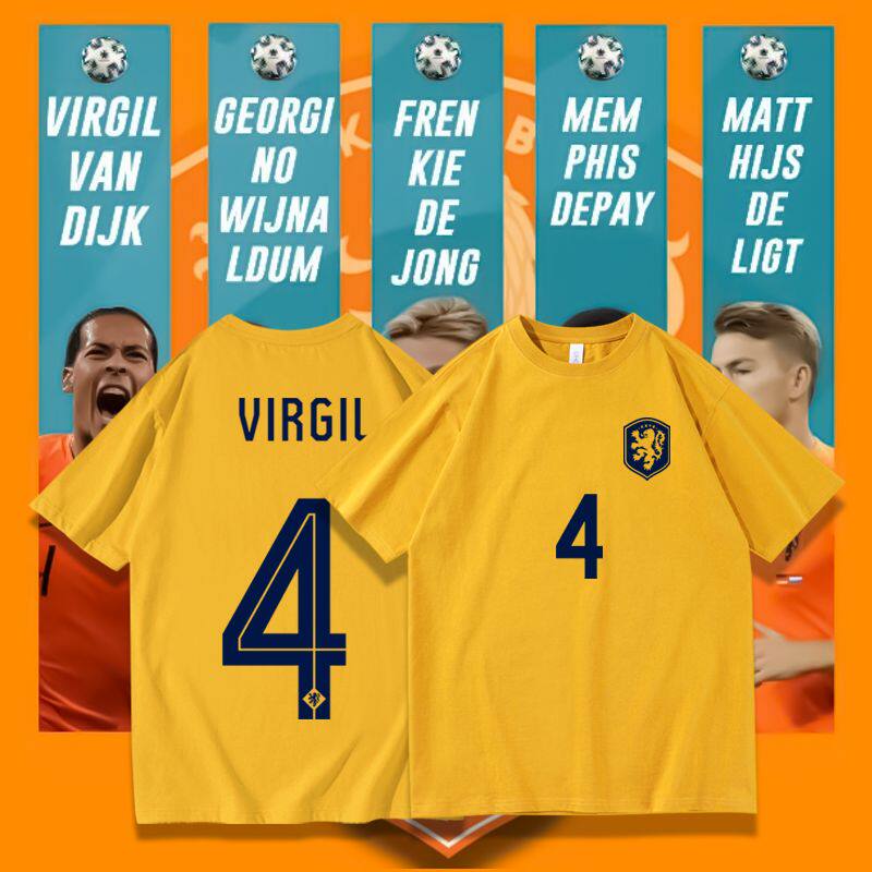 2024欧洲杯荷兰国家队球衣4号范戴克短袖t恤21号德容德佩足球服男