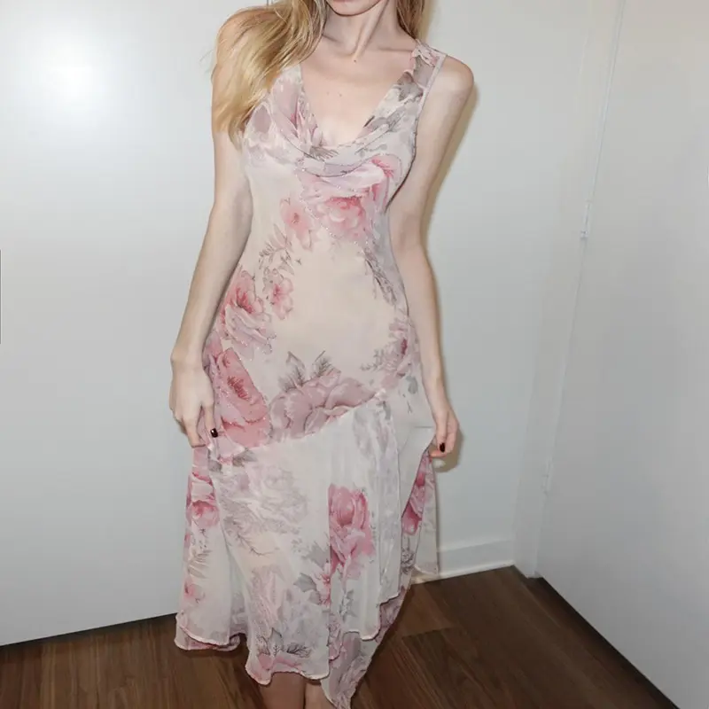 甜美风浪漫花朵连衣裙女ins blogger夏荡领收腰套头无袖包臀长裙