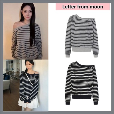 韩版现货Letterfrommoon一枝南南曾可妮允仔同款条纹露肩宽松