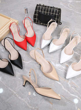 2025夏新款一字扣带裸色尖头高跟鞋女大码41黑色后空包头中跟凉鞋