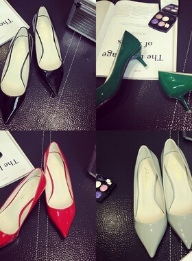 小跟鞋女细跟漆皮尖头法式高跟鞋黑色职业鞋中跟气质单鞋40大码41