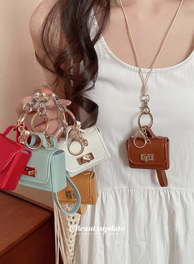 皮革迷你包包挂脖项链新款时尚感锁骨链个性耳机包毛衣链项饰