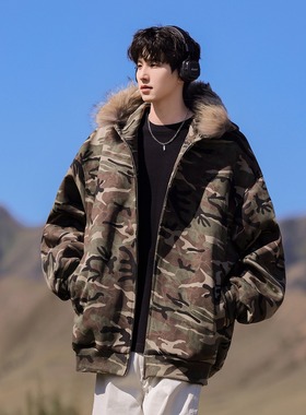 毛领迷彩加绒连帽卫衣外套男女秋冬季加厚美式上衣宽松型休闲保暖
