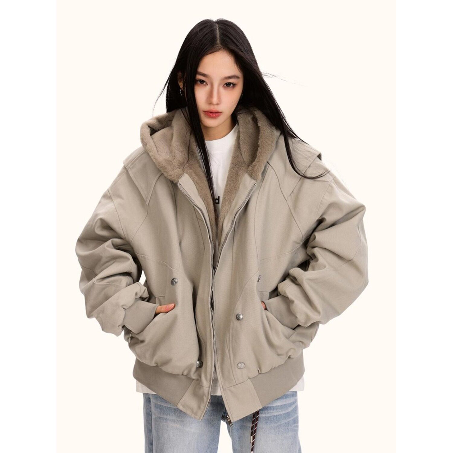 座山雕连帽加绒夹克外套男女款宽松美式cleanfit工装棉服秋冬保暖