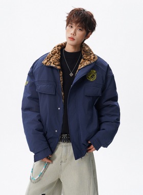 美式豹纹翻领工装棉服男款冬季潮牌宽松休闲加棉加厚保暖棉衣外套