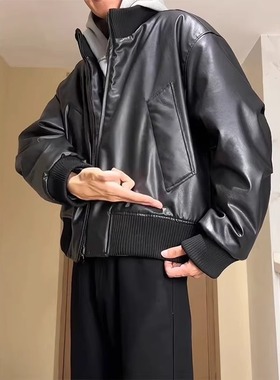 美式高街皮衣棉服男款冬季cleanfit短宽廓形夹棉棉衣立领机车外套