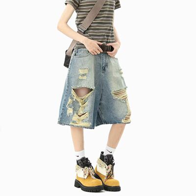 美式复古水洗破洞时髦牛仔短裤男女夏宽松休闲清凉高街个性五分裤