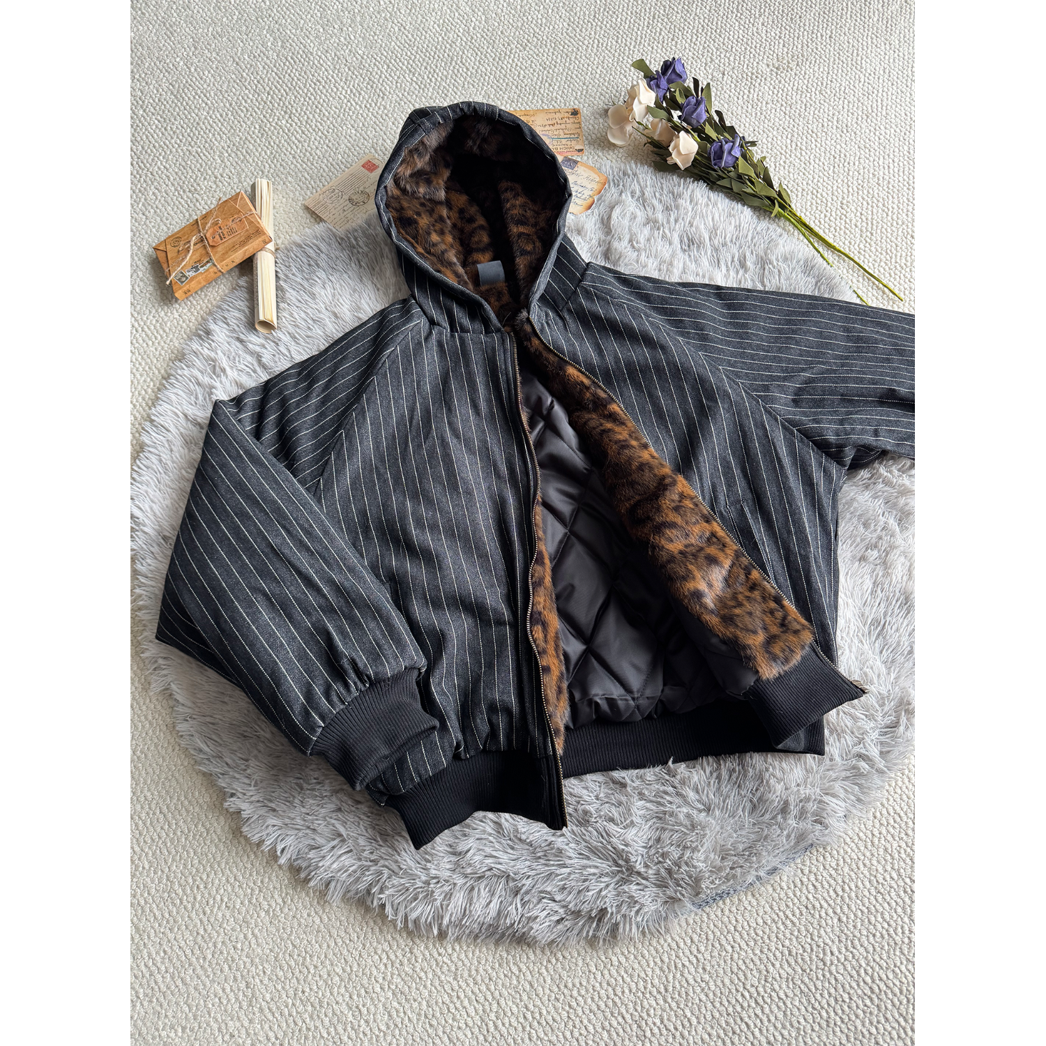 竖条豹纹内里拼接撞色连帽棉服男女冬季座山雕外套秋冬季复古棉衣