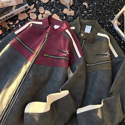 美式复古机车PU皮麂皮绒立领夹克男秋季宽松痞帅街头拼色情侣外套