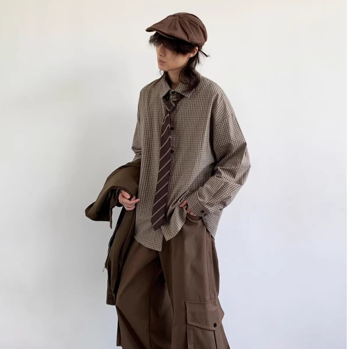 秋冬季日系复古港风格子长袖衬衫男女同款学院风宽松休闲盐系衬衣