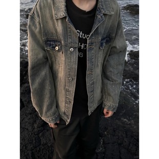 Cleanfit巴家竹节纹bootcut水洗美式复古做旧廓形牛仔夹克外套男