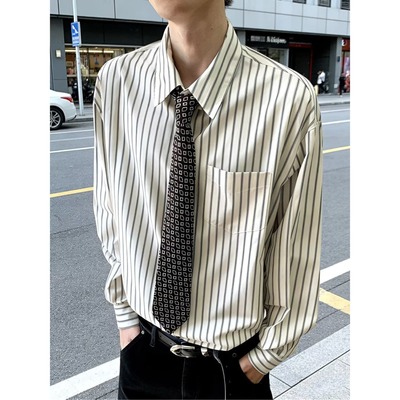 意式复古长尖领扣领抗皱修身文艺男韩版雅痞有型商务长袖条纹衬衫