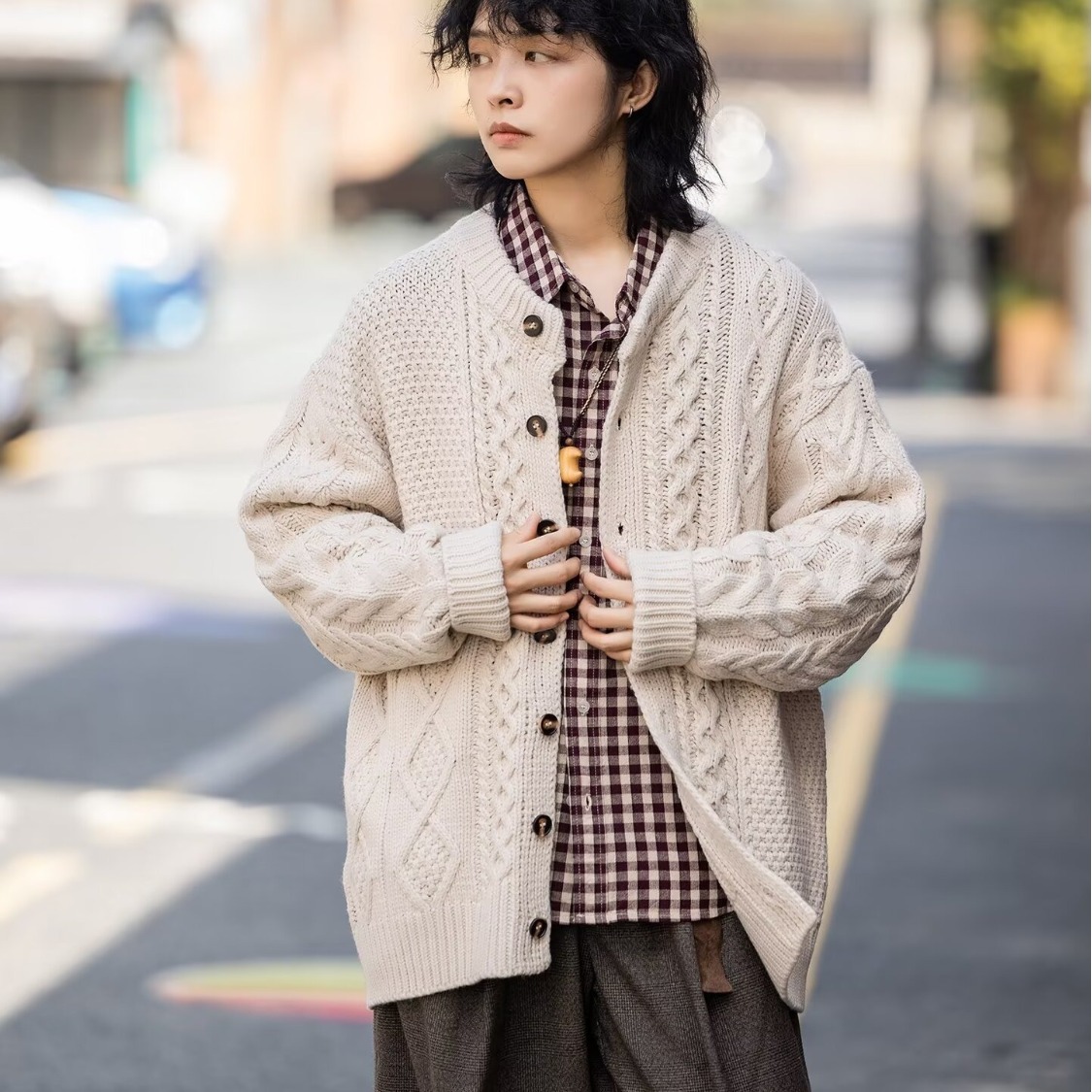 韩系温柔慵懒风圆领麻花毛衣开衫女秋冬洋气减龄休闲百搭针织外套