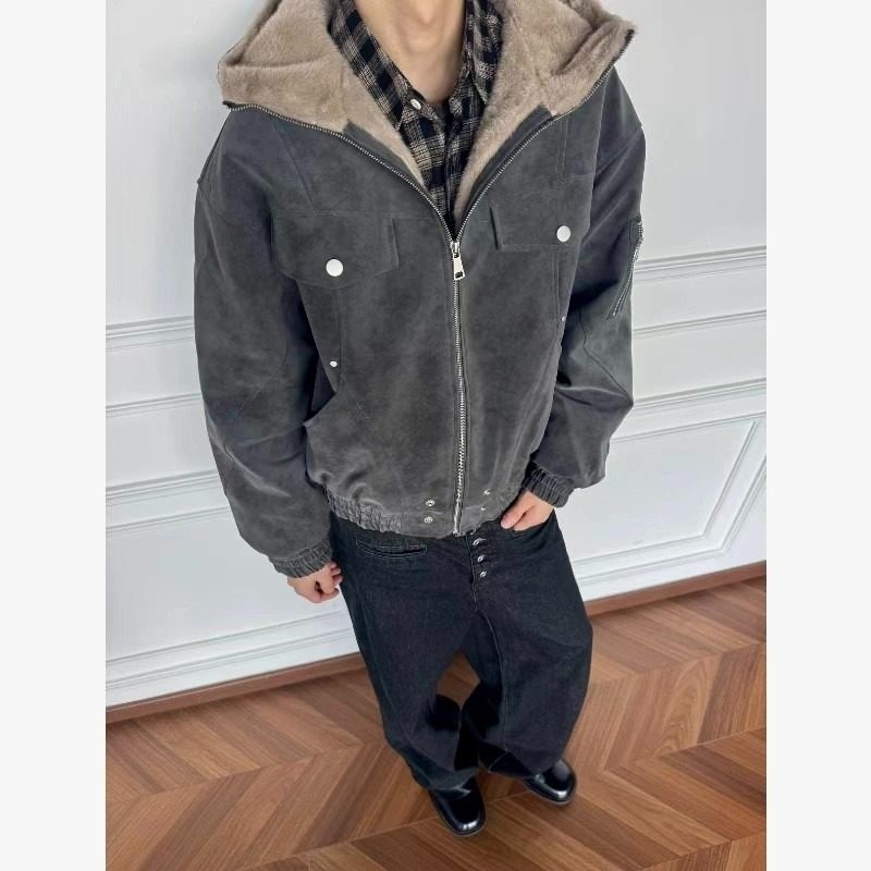 美式解构拼接连帽PU皮棉衣立体裁剪加绒加厚百搭夹克外套秋冬休闲