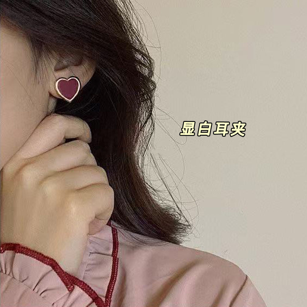 奶甜家 酒红色滴油爱心耳夹螺旋式复古甜美气质无耳洞女百搭耳饰