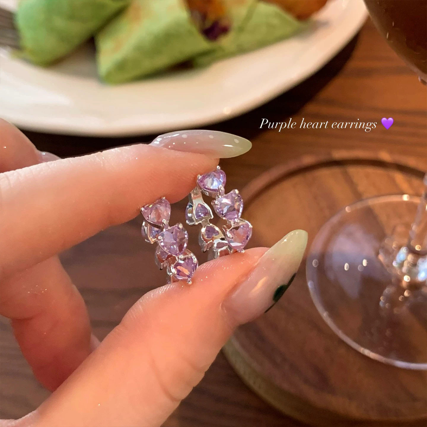 甜酷简约紫色闪锆爱心耳圈耳环
