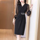 气质通勤OL连衣裙女2023夏季 黑色收腰显瘦洋气V领名媛A字中长裙子