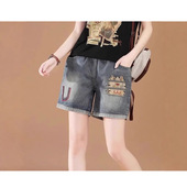 松紧腰哈伦牛仔短裤 高腰直筒宽松a字刺绣热裤 女夏天薄款 2024新款
